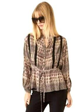 NKN Bohemian Peplum Tie Waist Blouse Lace Trim Medium New